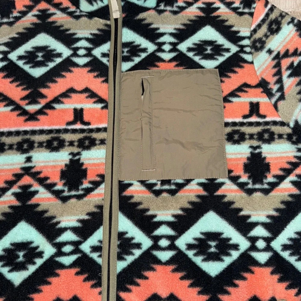 WeSC Mens Large Southwestern Aztec Fleece Full Zip Jacket Teal Orange Geometric